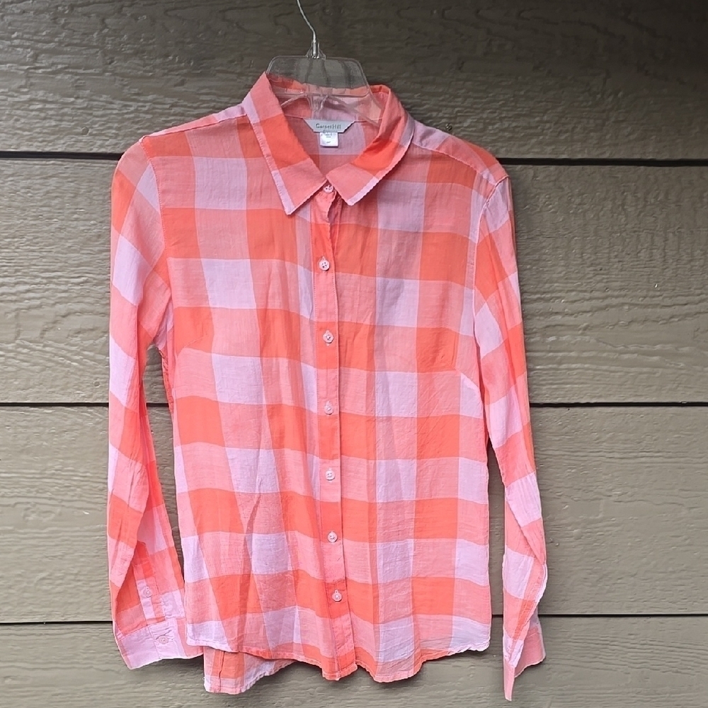 Garnet Hill Cotton Lightweight Orange Plaid Long Sleeve Button Up Blouse 8p
